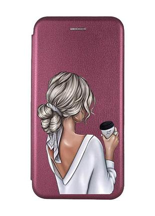 Чехол-книжка с рисунком для xiaomi redmi note 8 pro бордовый :: девушка с латте (принт 227)