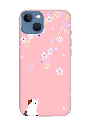 Матовий рожевий чохол на apple iphone 13 :: котик і сакура (принт 283)