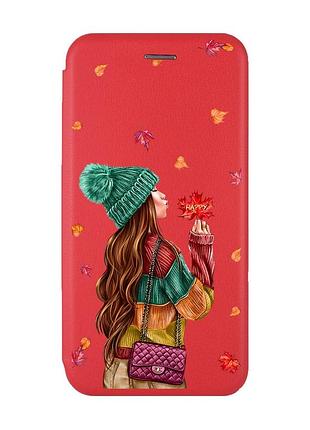 Чохол-книжка з малюнком для xiaomi redmi note 8 pro червоний :: дівчина з листям (принт 221)