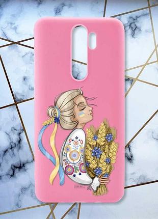 Матовый розовый чехол на xiaomi redmi note 8 pro патриотический дизайн украинка с колосками принт 173