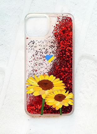 Чехол с плавающими блестками на iphone 13 красный :: желтые цветы (патриотический принт 364)
