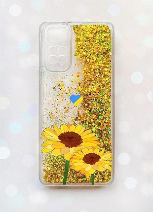 Чехол с плавающими золотыми блестками на xiaomi redmi note 11 желтые цветы (принт 364)