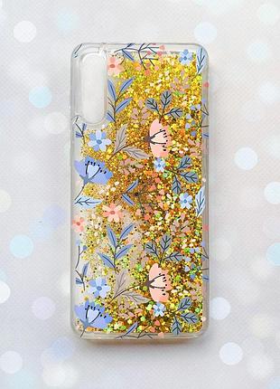 Чехол с плавающими блестками на samsung galaxy a50 (2019) a505f золотой :: цветочный фон (принт 371)