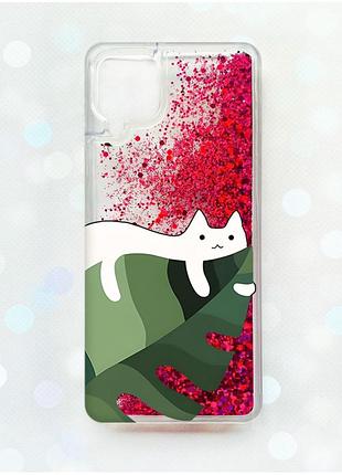 Чохол з плаваючими блискітками samsung galaxy a12 рожевий :: кіт на листку (принт 367)