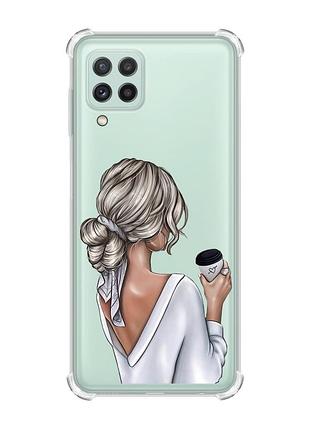 Чехол с утолщёнными углами на samsung galaxy a22 4g/m32/m22 девушка с латте (принт 227)