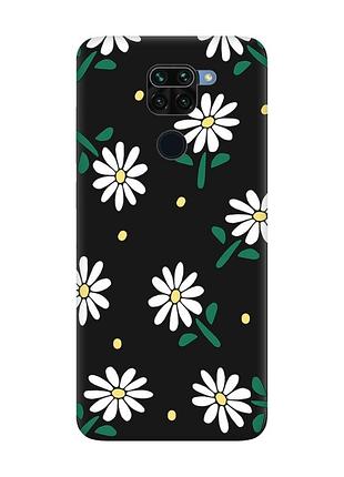 Матовый черный чехол на xiaomi redmi note 9 ромашки (принт 368)
