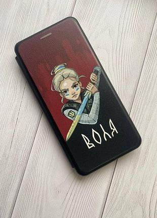 Чехол-книжка с рисунком для xiaomi redmi note 8 черный :: украинская защитница (принт 171) 3