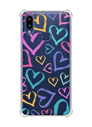 Чехол с утолщенными углами на samsung galaxy a10s (a107) :: разноцветные сердечка (принт 332)