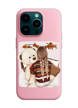 Матовый розовый чехол на apple iphone 14 pro :: девочка с мишкой (принт 117)