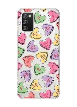 Прозрачный чехол для samsung galaxy a02s :: сердечка с текстом (принт 333)