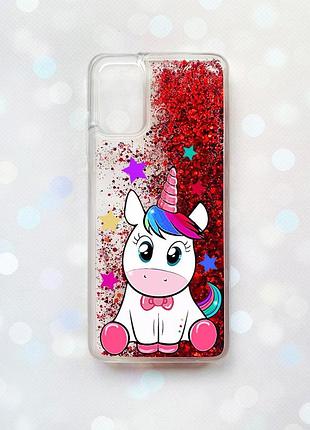 Чохол з плаваючими блискітками для samsung galaxy a03s (a037) червоний :: єдиноріг (принт 102)