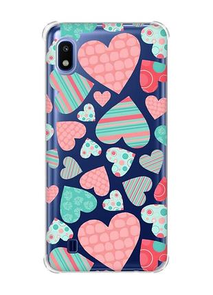 Чехол с утолщёнными углами для samsung galaxy a10 (2019)/a105 :: разноцветные сердечка (принт 334)