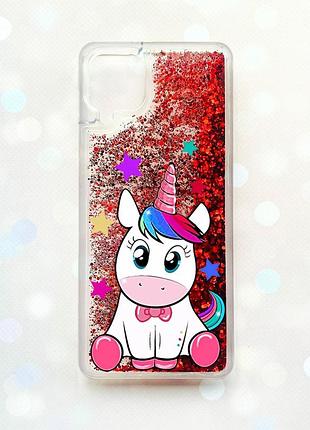 Чехол с плавающими блестками samsung galaxy a12 красный :: единорог (принт 102)