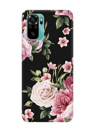 Матовый черный чехол на xiaomi redmi note 10 / note 10s :: розовые цветы (принт 287)