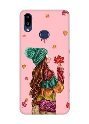 Матовый розовый чехол на samsung galaxy a10ѕ a107 :: девушка с листьями (принт 221)