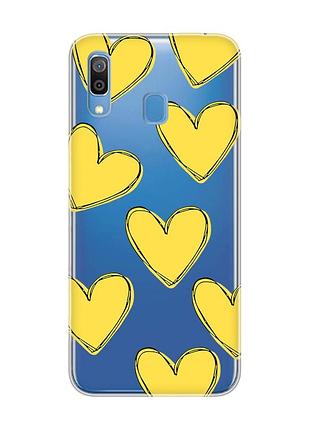 Прозрачный чехол на samsung galaxy a30 (2019)/a20 (2019) сердечка желтые (принт 259)