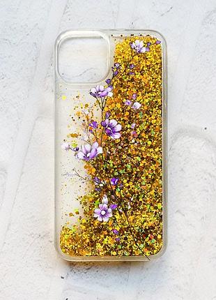 Чехол с плавающими блестками на iphone 13 :: золотой :: веточка цветов (принт 278)