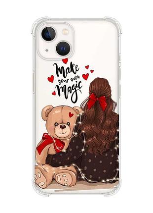 Прозрачный чехол с утолщёнными углами на iphone 14 plus :: девушка с мишкой (принт 188)