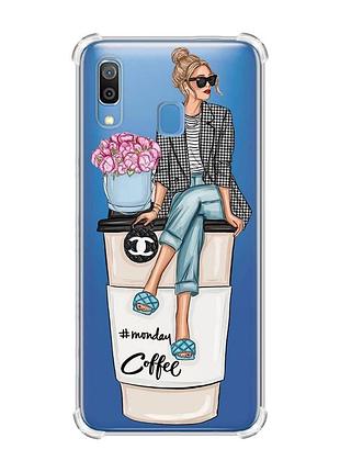Чехол с утолщёнными углами на samsung galaxy a30 (2019)/a20 (2019) девушка на кофе (принт 228)