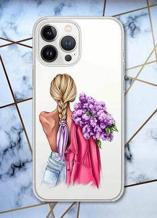 Чехол с защитой камеры на iphone 14 pro max :: девушка с сиренью (принт 7)