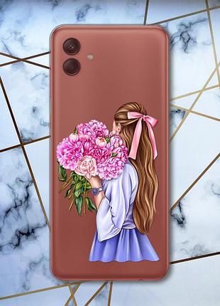 Прозорий чохол на samsung galaxy a04 дівчина з півоніями (принт 11)