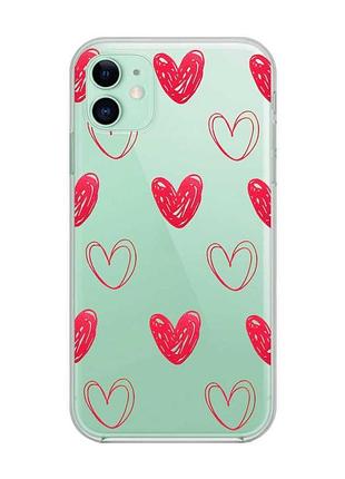 Прозорий чохол на apple iphone 11 (6,1) сердечка червоні (принт 77)