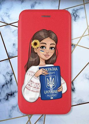 Чохол-книжка з малюнком для xiaomi redmi 8a червоний; дівчина з паспортом (патріотичний принт 12)