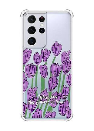 Чехол с утолщёнными углами на samsung galaxy s21 ultra тюльпаны (принт 265)