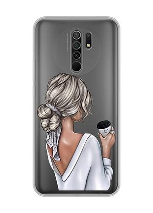 Прозорий чохол на xiaomi redmi 9 :: дівчина з латте (принт 227)