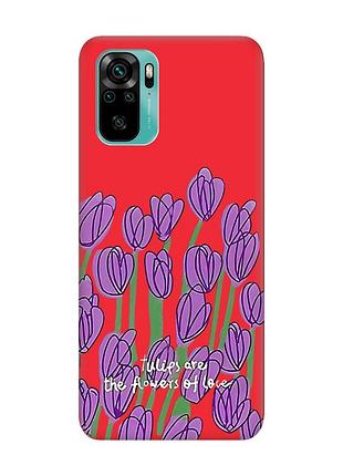 Матовый красный чехол на xiaomi redmi note 10 / note 10s тюльпаны (принт 265)