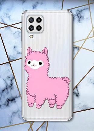 Прозрачный чехол на samsung galaxy m32 / m22 / a22 4g лама розовая (принт 100)