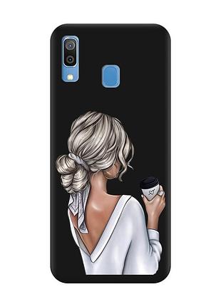Матовий чорний чохол на samsung galaxy a30 (2019)/a20 (2019) дівчина з латте (принт 227)