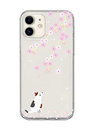 Прозорий чохол на iphone 12 mini :: котик і сакура (принт 283)