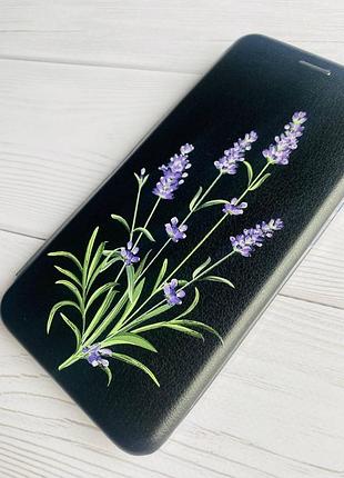 Чехол-книжка с рисунком для xiaomi redmi note 9 pro/9s/9 pro max чёрный :: веточки лаванды (принт 266) 2