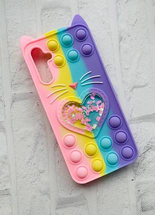 Чехол попит антистресс поп-ит pop it для samsung galaxy а14 5g котик с сердечком розово-фиол.