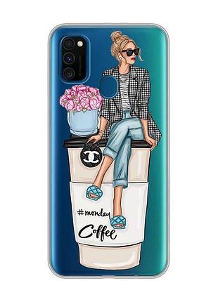 Прозрачный чехол на samsung galaxy m30s/м21 :: девушка на кофе (принт 228)