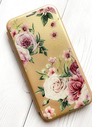 Чехол-книжка с рисунком для xiaomi redmi 9c/10a золотой :: розовые цветы (принт 287)