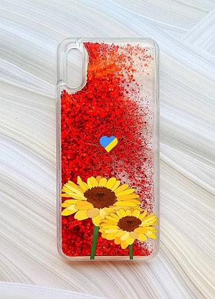 Чехол с плавающими блестками на xiaomi redmi 9a красный :: желтые цветы (принт 364)