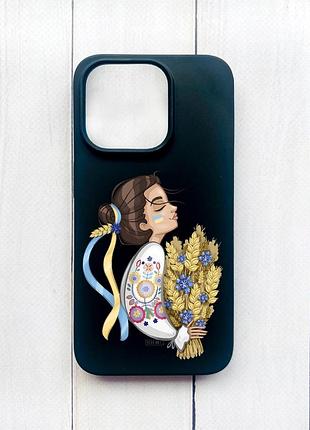 Матовый чехол на iphone 15 plus черный :: украинка с колосками (принт 172)