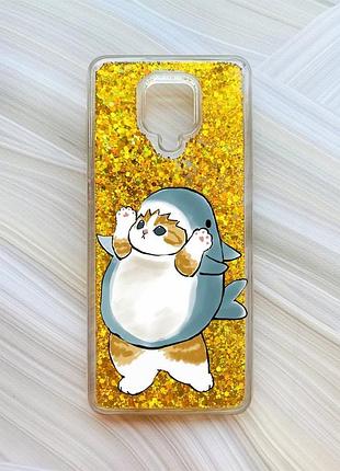 Чехол с плавающими блестками на xiaomi redmi note 9 pro/9 pro max/9s золотой котенок акула (принт 379)