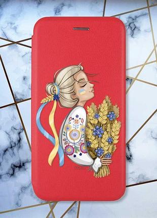 Чехол-книжка с рисунком для xiaomi redmi 8a красный; украинка с колосками (принт 173)