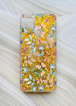 Чехол с плавающими блестками на xiaomi redmi 9c / 10a золотой :: цветочный фон (принт 370)