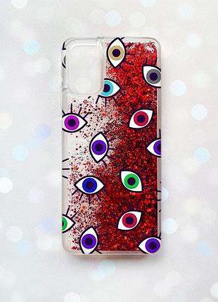 Чехол с плавающими блестками на samsung galaxy a03s (a037) красный :: разноцветные глаза (принт 336)