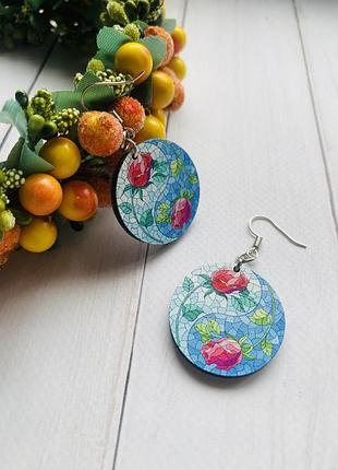 Серьги деревянные. розы (принт 4.8) 3