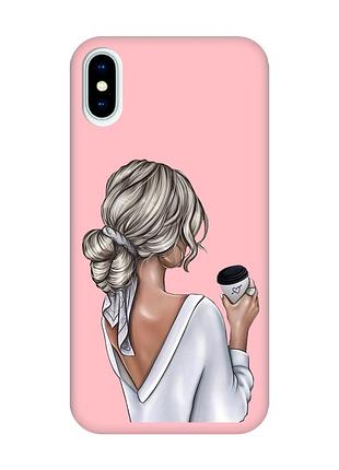 Матовий рожевий чохол на iphone x / xs дівчина з латте (принт 227)