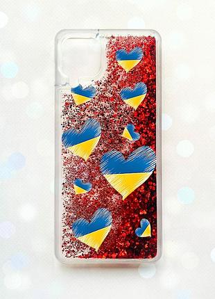 Чохол з плаваючими блискітками samsung galaxy a12 червоний :: сердечка. україна (принт 258)