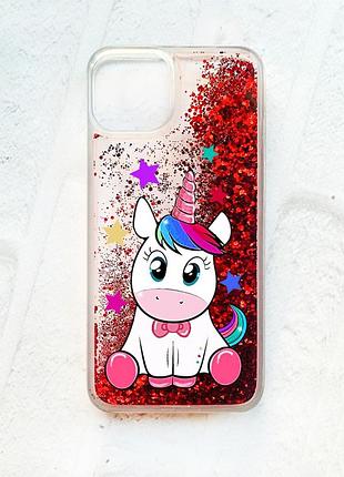 Чехол с плавающими блестками на iphone 13 :: красный :: единорог (принт 102)