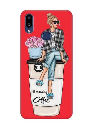Матовый красный чехол на samsung galaxy a10ѕ a107 девушка на кофе (принт 228)