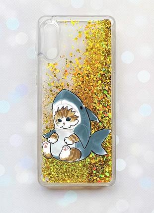 Чехол с плавающими блестками на samsung galaxy a02 / a022 (2021) золотой :: котёнок (принт 120)
