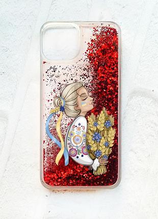 Чехол с плавающими блестками на iphone 14 красный :: украинка с колосками (принт 173)